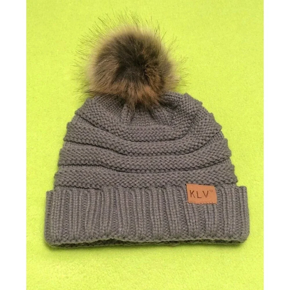 Grey Gray Furry Fur Pom Pom Beanie Hat Snow Winter Ski Gorpcore